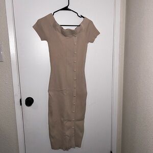 Eva Mendes for New York & Company Tan Midi Off The Shoulder Dress